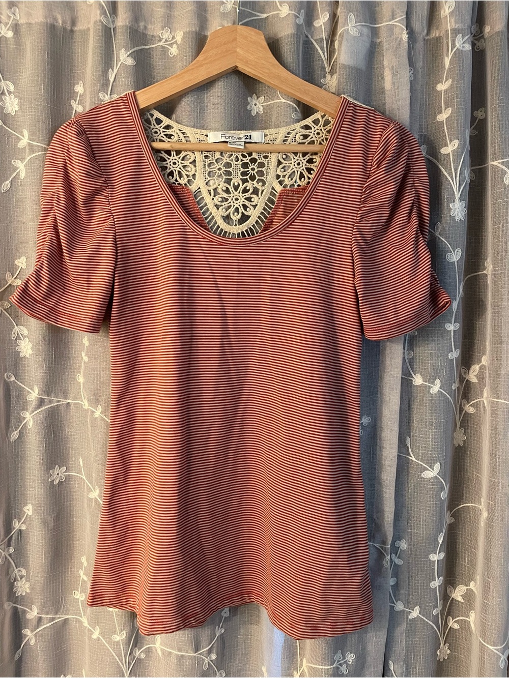 Forever 21 Rust Red Striped Short Sleeve Top with Lace Yoke